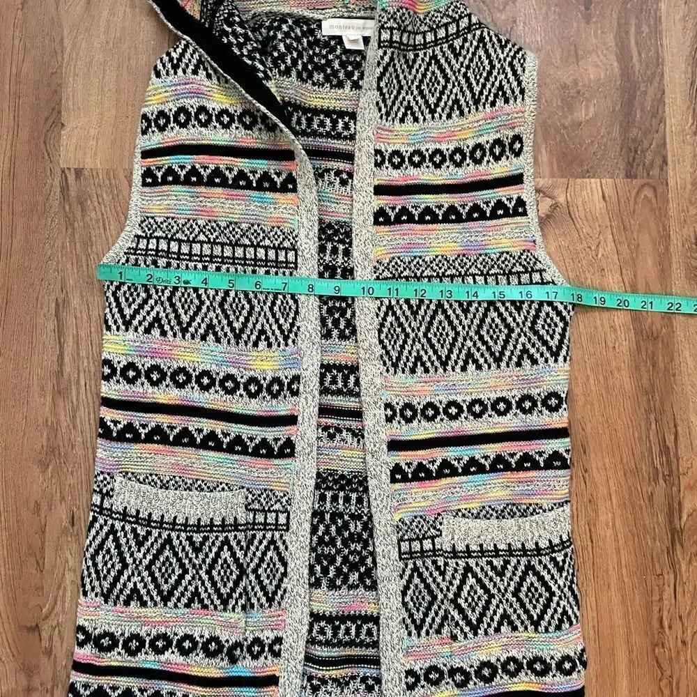 Monteau Multicolor Hooded Sleeveless Open Cardigan Knit Sz S‎